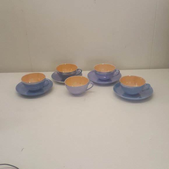Meito China Handpainted in Japan Blue Orange Lusterware Cups Saucers Set of 4 - Picture 4 of 8